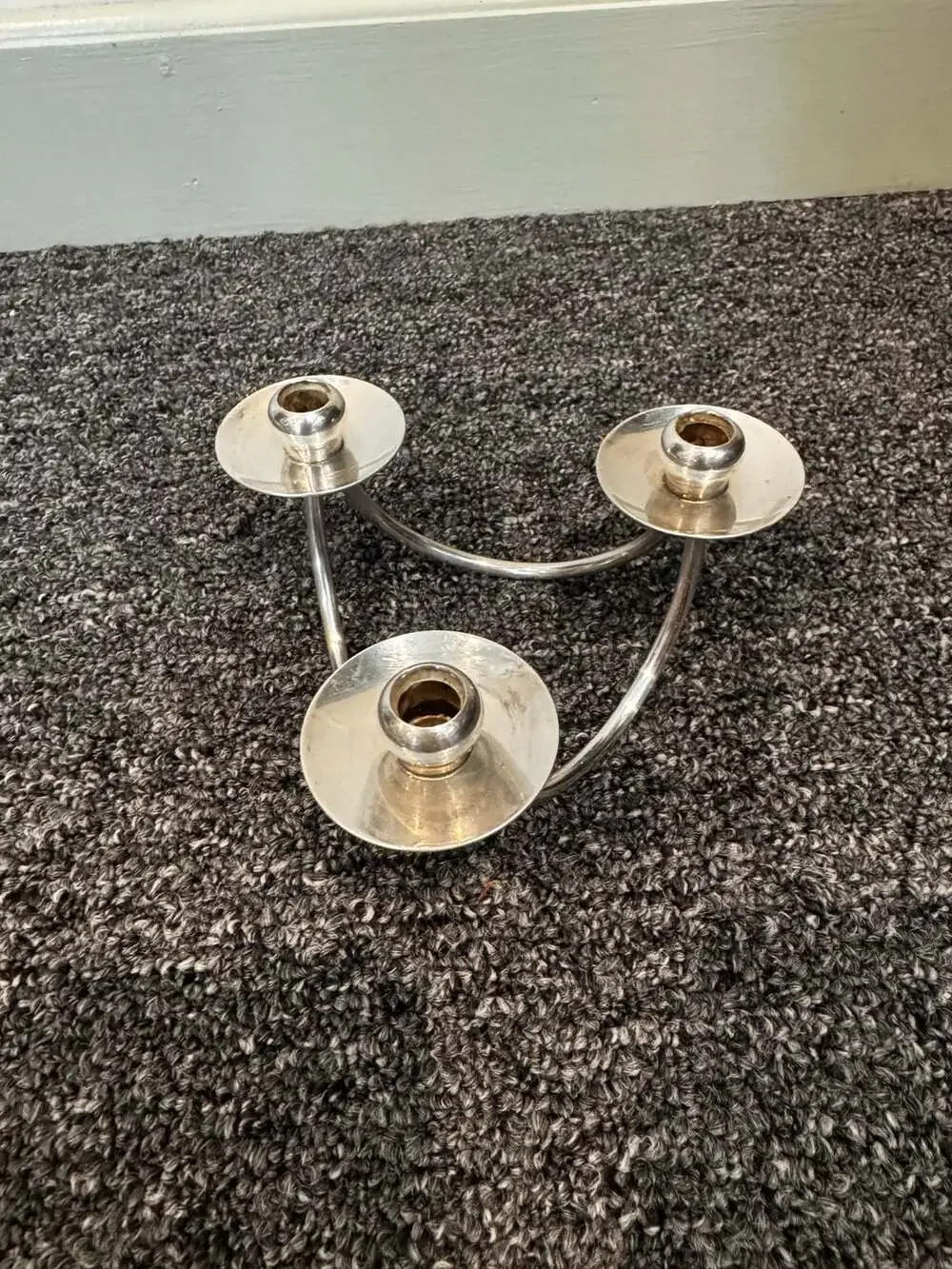 Vintage Berg Denmark Mid-Century Modernist 3-Arm Silverplated Candelabra